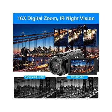 Cámara de video 4K Videocámara 48MP UHD WiFi IR Visión nocturna Vlogging  Cámara para  16X Zoom digital Pantalla táctil Grabadora de cámara  con micrófono, estabilizador de mano, parasol, control remoto, 2